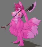  2014 abs anthro areola big_breasts breasts canine female fox grey_background mammal multiple_tails muscles muscular_female nipples nude plain_background pussy rai solo standing weapon wyntersun 