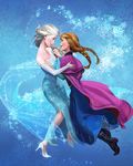  anna_(frozen) bare_shoulders black_footwear blue_background blue_dress boots braid brown_hair cape dress elsa_(frozen) eyeshadow frozen_(disney) full_body hand_on_another's_arm heart high_heels highres holding_hands long_sleeves looking_at_another makeup maya_sawamura_anderson multiple_girls official_style princess queen see-through siblings side_slit single_braid sisters smile snowflakes sparkle strapless strapless_dress twin_braids 
