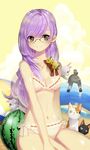  bad_id bad_pixiv_id ball beach beach_volleyball beachball bikini breasts brown_eyes calico cat cleavage earrings flower food fruit glasses highres innertube jewelry kimijima_(kimijima0301) lace lace-trimmed_bikini long_hair medium_breasts necklace original purple_hair ribbon-trimmed_bikini ribbon-trimmed_swimsuit ribbon_trim side-tie_bikini single_earring solo swimsuit watermelon watermelon_beachball zanshomimai 