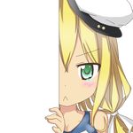  :&lt; blonde_hair closed_mouth eyebrows_visible_through_hair green_eyes hair_ribbon hat i-8_(kantai_collection) kantai_collection looking_at_viewer nagineko no_eyewear peeking_out ribbon school_swimsuit solo swimsuit tears transparent_background v-shaped_eyebrows 