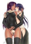  black_eyes black_hair black_legwear bleach breasts eye_contact fingering large_breasts leotard leotard_aside long_hair looking_at_another medium_breasts multiple_girls open_mouth shihouin_yoruichi shizuhime skin_tight sui-feng tan thighhighs white_background yellow_eyes yuri 