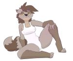 2019 3_toes 5_fingers anthro biped black_nose breasts brown_ears brown_fur brown_hair brown_tail clothing digital_media_(artwork) eyebrows eyelashes female fingerless_(marking) flikcrow fluffy fluffy_tail fur gloves_(marking) grey_ears grey_fur grey_tail hair half-closed_eyes looking_at_viewer mammal markings multicolored_fur nipple_bulge one-piece_swimsuit pouting procyonid raccoon simple_background sitting socks_(marking) solo spread_legs spreading striped_tail stripes swimsuit tan_fur toeless_(marking) toes two_tone_ears two_tone_tail white_background yellow_sclera 