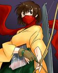  bow_(weapon) brown_eyes brown_hair face_mask hiryuu_(kantai_collection) japanese_clothes kantai_collection mask namesake scarf scarf_over_mouth short_hair strider_(video_game) strider_hiryuu weapon yagisaka_seto 