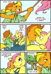  333456 anthro anthrofied apple apple_tree applejack_(mlp) blonde_hair blush english_text equine eyes_closed female fluttershy_(mlp) freckles friendship_is_magic fruit hair holding_face horse kissing lesbian looking_back mammal my_little_pony orange_body pony rope smile text tree wide_eyed yellow_body 