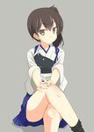  blush breasts brown_hair commentary crossed_legs grey_background japanese_clothes kaga_(kantai_collection) kantai_collection kugui_kiyunemu muneate pleated_skirt short_hair side_ponytail simple_background skirt small_breasts solo tasuki 