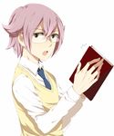  absurdres aki_(645451622) book glasses highres inazuma_eleven_(series) inazuma_eleven_go inazuma_eleven_go_galaxy looking_at_viewer male_focus manabe_jin'ichirou necktie open_mouth simple_background solo sweater_vest upper_body white_background 