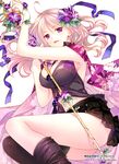  ankokuji_ekei_(sengoku_bushouki_muramasa) between_breasts blonde_hair breasts flower hair_flower hair_ornament large_breasts looking_at_viewer mizuno_(suisuiw) navel necktie purple_eyes rapier sengoku_bushouki_muramasa simple_background skirt smile solo sword thighhighs weapon white_background 