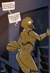  avian bird breasts butt chica_(fnaf) chicken female five_nights_at_freddy&#039;s looking_back looking_up machine mechanical nude robot smile solo standing text unknown_artist 