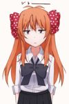  bow expressionless gekkan_shoujo_nozaki-kun hachikuji hair_bow jitome long_hair orange_hair polka_dot polka_dot_bow purple_eyes rouman_academy_uniform sakura_chiyo school_uniform simple_background solo 