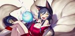  ahri animal_ears bare_shoulders black_hair blush breasts cleavage crossed_legs detached_sleeves fang finger_to_mouth fox_ears fox_tail gwayo korean_clothes large_breasts league_of_legends long_hair looking_at_viewer multiple_tails open_mouth solo sphere tail whisker_markings yellow_eyes 