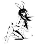  alternate_hair_length alternate_hairstyle animal_ears bare_shoulders breasts bunny_ears bunny_tail bunnysuit cleavage dh_(brink_of_memories) fishnet_pantyhose fishnets greyscale hair_over_one_eye long_hair monochrome one_knee pantyhose persona persona_4 persona_x_detective shirogane_naoto sketch small_breasts solo tail wrist_cuffs 