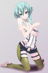  aqua_eyes aqua_hair barefoot breasts chaps covering covering_chest cum cum_on_body cum_on_clothes cum_on_upper_body facial full_body green_legwear grey_background hair_ornament highres kneeling long_hair looking_at_viewer nipples pon_(shind_997) short_shorts shorts sinon small_breasts solo sword_art_online thighhighs 