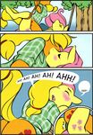  333456 anthro anthrofied applejack_(mlp) bdsm blonde_hair blush clothing dildo double_dildo double_penetration english_text equine eyes_closed female female_orgasm fluttershy_(mlp) friendship_is_magic hair horse kissing lesbian looking_down mammal my_little_pony orange_body orgasm penetration pony sausage sex_toy text vaginal vaginal_penetration 