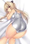  ass blonde_hair blush breasts from_behind hakaba_(dairiseki) highres jpeg_artifacts konjiki_no_yami long_hair looking_at_viewer medium_breasts older one-piece_swimsuit red_eyes shiny solo swimsuit to_love-ru top-down_bottom-up wet white_swimsuit 