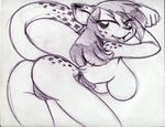  2014 animal_genitalia anthro anthrofied bedroom_eyes big_breasts big_butt breasts butt cleavage clothed clothing feline female feral fur hair king-cheetah lesbian mammal open_mouth original_character plain_background side_boob smile thong 