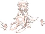  barefoot blush dress drill_hair full_body kuro_suto_sukii looking_at_viewer luna_child monochrome out_of_frame short_hair simple_background sitting sketch solo_focus touhou wariza 