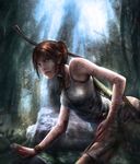  bad_id bad_pixiv_id blood blood_on_face bloody_clothes bow_(weapon) breasts brown_hair lara_croft long_hair m-ya medium_breasts pixiv_tomb_raider_contest shorts solo tank_top tomb_raider tomb_raider_(reboot) watch weapon 