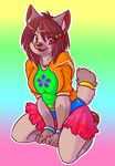  abstract_background bracelet canine cherry clothed clothing colorful cute female hairpin hands_together jewelry kneeling looking_at_viewer mammal necklace pawpads skirt smile solo spazzykoneko 