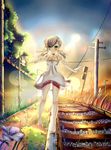  absurdres bare_legs barefoot bow casual collarbone dress green_eyes hair_bow hair_ornament hair_ribbon highres light_brown_hair original outstretched_arms railroad_tracks ribbon smile solo soulkiller spread_arms twilight twintails white_dress 
