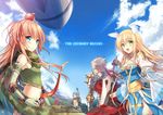  3girls :d abs aircraft airship apple apple_o_archer archbishop arm_garter arm_guards arm_up armor arrow backpack bag bangs bare_shoulders black_eyes black_hair blonde_hair blue_dress blue_eyes bow_(weapon) breasts cape character_request cleavage cloud crop_top day dress elbow_gloves english fingerless_gloves food food_on_head from_behind fruit fruit_on_head gauntlets gloves green_eyes guillotine_cross hair_ornament hair_ribbon head_wings holding light_brown_hair long_hair long_sleeves looking_at_viewer luzi mechanic_(ragnarok_online) medium_breasts midriff mountain multiple_boys multiple_girls navel object_on_head open_mouth orange_hair outdoors pauldrons puffy_long_sleeves puffy_sleeves ragnarok_online ranger_(ragnarok_online) red_cape red_hair ribbon rune_knight scarf side_slit signature silver_hair sky smile spikes standing sword two_side_up watermark waving weapon web_address wide_sleeves wind 