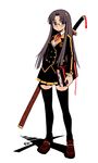  bail black_eyes black_hair black_legwear book full_body glasses hair_ornament hairclip holding katana long_hair looking_at_viewer original pleated_skirt rimless_eyewear school_uniform shoes simple_background skirt solo standing sword thighhighs weapon white_background zettai_ryouiki 