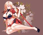  bad_id bad_pixiv_id bikini black_bikini blonde_hair blush breasts cane cleavage floral_background highres large_breasts legs_folded long_hair original red_eyes smile solo swimsuit traces 