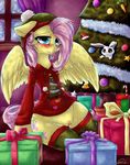  &lt;3 &lt;3_eyes angel_(mlp) blush bottomless christmas christmas_tree clothing dimwitdog equine female fluttershy_(mlp) friendship_is_magic fur gift hair holidays horn horse inside lagomorph legwear mammal my_little_pony partially_clothed pegasus pony pussy rabbit signature solo toque tree wings yellow_body yellow_fur 