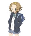  bag brown_eyes brown_hair core_(mayomayo) hairband hands_in_pockets k-on! sakuragaoka_high_school_uniform school_uniform short_hair smile solo tainaka_ritsu yellow_hairband 