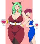  animal_ears belt blue_dress bracelet breasts cat_ears curvy dress glasses green_hair jewelry large_breasts long_hair looking_at_viewer mole multiple_girls necklace pantyhose pine-pine red_dress red_hair scarlet_(space_dandy) smile space_dandy supi_(inner_map) thighs wide_hips 