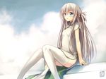  bangs blue_eyes bow china_dress chinese_clothes cloud cloudy_sky dress hair_bow hair_ornament hair_ribbon highres long_hair looking_away looking_up luzi original parted_lips ribbon silver_hair sitting sky solo white_legwear 