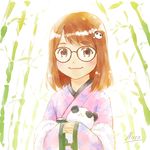  bamboo bamboo_forest brown_eyes brown_hair carrying forest glasses hair_ornament highres japanese_clothes kimono looking_at_viewer nature nicca_(kid_nicca) original panda panda_hair_ornament short_hair smile solo 