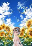  bare_shoulders bubble cloud day dress flower from_behind grey_hair hat light_smile looking_at_viewer looking_back orange_eyes original outdoors sky solo straw_hat sundress sunflower updo upper_body yuzuki_kihiro 