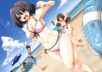  =_= alcohol arekishi_raiho arm_up armpits ashigara_(kantai_collection) bare_shoulders barefoot beach beach_towel beach_umbrella beer beer_can bikini black_hair blue_sky blush breasts brown_eyes brown_hair can chasing cleavage closed_eyes cloud cooler day drunk dutch_angle fang flip-flops front-tie_top haguro_(kantai_collection) hair_ornament hairband highres innertube kantai_collection large_breasts midriff multiple_girls myoukou_(kantai_collection) nachi_(kantai_collection) navel ocean open_mouth outdoors outstretched_arms running sandals sarong side-tie_bikini side_ponytail sky sleeping swimsuit tears towel umbrella water 