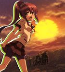  ass bike_shorts brown_eyes brown_hair highres jinsei pleated_skirt ponytail school_uniform screencap skirt solo sunset suzuki_ikumi_(jinsei) 