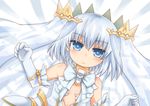  :&lt; absurdres blue_eyes breasts cleavage date_a_live elbow_gloves gloves greenteaneko headgear highres looking_at_viewer lying medium_breasts short_hair silver_hair solo tobiichi_origami veil white_gloves 