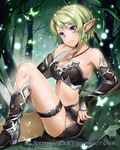  :&lt; breasts cleavage closed_mouth elbow_pads green_hair jewelry large_breasts navel official_art original pendant pointy_ears purple_eyes seikon_no_arcana short_hair sitting solo v-shaped_eyebrows yuzuki_kihiro 