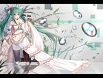  bad_id bad_pixiv_id bare_shoulders black_legwear blurry depth_of_field detached_sleeves green_eyes green_hair hair_ornament hatsune_miku holding kneeling long_hair looking_at_viewer microphone music navel open_mouth singing solo soulkiller thighhighs twintails very_long_hair vocaloid water_drop 