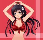  :p arms_up black_hair blue_eyes blush bra breasts chocolate chocolate_heart flower hair_flower hair_ornament heart heart_hands long_hair medium_breasts plaid plaid_bra red_bra saten_ruiko shian_(my_lonly_life.) smile solo to_aru_kagaku_no_railgun to_aru_majutsu_no_index tongue tongue_out underwear upper_body 