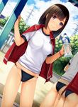  ass bangs blush bottle breasts brown_hair buruma chain-link_fence commentary_request cowboy_shot fence gym_uniform highres jacket jacket_on_shoulders looking_at_viewer medium_breasts original power_lines short_hair smile track_jacket water_bottle yokaze_japan 