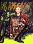  2boys bad_id bad_tumblr_id blue_eyes boots breasts brown_hair cleavage drax_the_destroyer english facial_hair flower gamora gradient_hair green_skin groot guardians_of_the_galaxy kanapy knee_boots marvel medium_breasts multicolored_hair multiple_boys peter_quill plant pot potted_plant raccoon rocket_raccoon sitting smile spoilers 