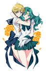  back_bow bishoujo_senshi_sailor_moon blonde_hair blue_eyes blue_sailor_collar blue_skirt bow choker gloves green_eyes green_hair green_skirt highres hug kaiou_michiru long_hair magical_girl meer_rowe multiple_girls outer_senshi sailor_collar sailor_neptune sailor_senshi sailor_senshi_uniform sailor_uranus short_hair simple_background skirt smile super_sailor_neptune super_sailor_uranus ten'ou_haruka tiara very_short_hair white_background white_gloves yuri 