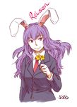  animal_ears artist_name blazer bunny_ears character_name extra_ears flower jacket long_hair maruhachi_(maruhachi_record) necktie purple_hair red_eyes red_neckwear reisen_udongein_inaba simple_background skirt smile solo touhou white_background 