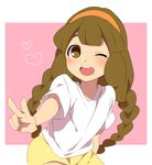  brown_eyes brown_hair hairband heart inazuma_eleven_(series) inazuma_eleven_go inazuma_eleven_go_chrono_stone long_hair looking_at_viewer nanobana_kinako no_pupils one_eye_closed open_mouth orange_hairband sekina solo v 