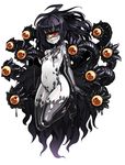 black_hair breasts cyclops extra_eyes full_body gazer_(monster_girl_encyclopedia) kenkou_cross long_hair looking_at_viewer monster_girl monster_girl_encyclopedia official_art one-eyed red_eyes sharp_teeth simple_background small_breasts smile solo tail teeth tentacles white_background white_skin yellow_sclera 