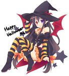  :d bat_wings black_hair boots choker detached_sleeves halloween hand_on_headwear happy_halloween hat heterochromia long_hair looking_at_viewer low-tied_long_hair open_mouth original panties pantyshot pantyshot_(sitting) ribbon_choker simple_background sitting smile solo striped striped_legwear striped_panties striped_sleeves takase_kanan thighhighs underwear very_long_hair white_background wings witch_hat 