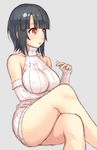  bangs bare_shoulders black_hair blunt_bangs breasts cosplay crossed_legs detached_sleeves dress kantai_collection large_breasts legs red_eyes ribbed_dress ribbed_sweater seaport_hime seaport_hime_(cosplay) short_dress short_hair sitting solo sweater sweater_dress takao_(kantai_collection) thighs yuuji_(and) 