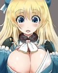  areola_slip areolae atago_(kantai_collection) blonde_hair blue_eyes blush breasts cleavage close-up gloves hat kantai_collection large_breasts long_hair md5_mismatch open_clothes open_mouth open_shirt playing_with_own_hair sanagi_(diohazard) shirt solo sweatdrop 