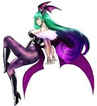  1girl bare_shoulders bat_print bat_wings boots breasts bridal_gauntlets demon_girl elbow_gloves eyeshadow gloves gradient_hair green_eyes green_hair head_wings high_heel_boots high_heels highres invisible_chair knee_boots leotard long_hair makeup morrigan_aensland multicolored_hair nail_polish pantyhose patterned_legwear print_legwear sideboob sitting solo steffydoodles succubus vampire_(game) wings work_in_progress 