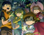  3boys :3 anger_vein angry black_hair blonde_hair brown_hair cabbie_hat clenched_teeth color_connection digimon digimon_adventure digimon_adventure_02 digimon_frontier digimon_tamers digivice dress glowing glowing_eyes grin hat himi_tomoki li_jianliang long_dress multiple_boys open_mouth palmon patamon plant poop raglan_sleeves short_hair smile sun_hat t_k_g tachikawa_mimi takaishi_takeru teeth terriermon time_paradox vines 