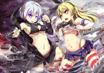  aircraft airplane bikini_top black_panties blonde_hair crop_top crop_top_overhang elbow_gloves fire gloves glowing glowing_eyes hair_ribbon highleg highleg_panties hood hooded_jacket jacket kantai_collection machinery midriff multiple_girls navel open_mouth packge panties purple_eyes re-class_battleship rensouhou-chan ribbon scarf shimakaze_(kantai_collection) shinkaisei-kan silver_hair smoke striped striped_legwear thighhighs thong torn_clothes triangle_mouth turret underwear yellow_eyes 